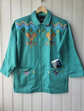 Vintage 90s I.B Diffusion Southwest Aztec Jacket Womens Size 12 Teal